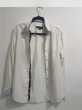 Zara Off-White Long-Sleeve Dress Shirt with Navy Trim